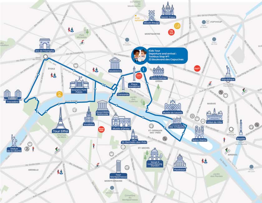 Paris: Tootbus Kids Bus Tour Experience - What the 90 minutes feel like: a loop designed for kids, not marathon walkers